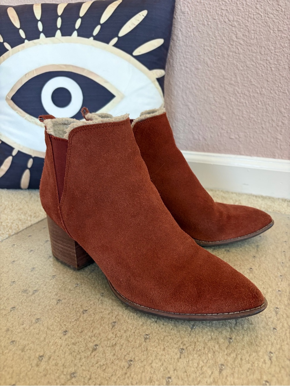 Liendo Seychelles Anthropologie Rust Orange Suede Shearling Ankle Boots 9.5 M